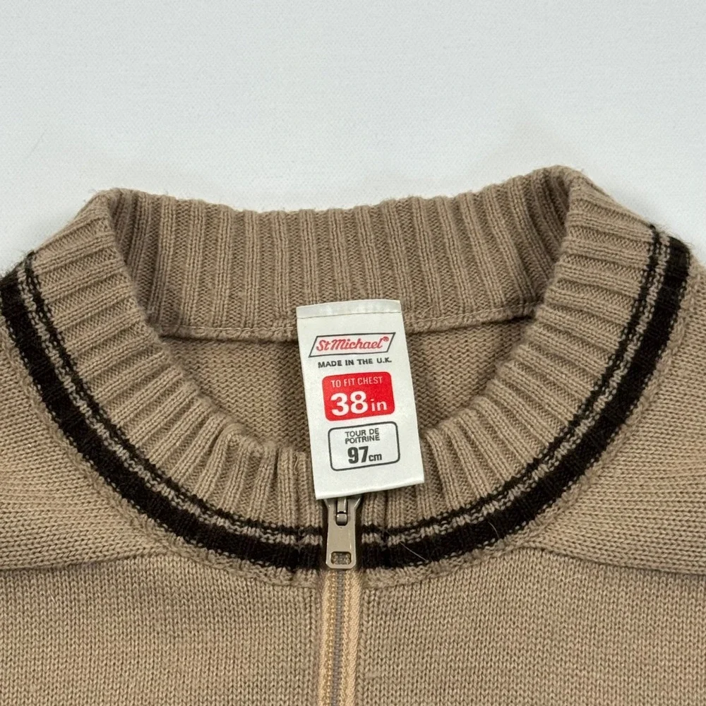 Vintage St Michael Mens Full Zip Cardigan Sweater Tan Brown Trim UK Made 38in